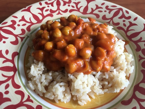 Vegan homemade chickpea curry with basmati rice